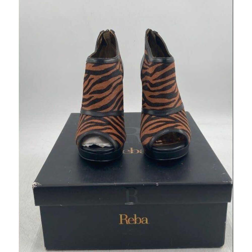 Reba Briell Umber Black Zebra Pony Hair Stiletto Peep Toe Booties Heel Shoes 6M